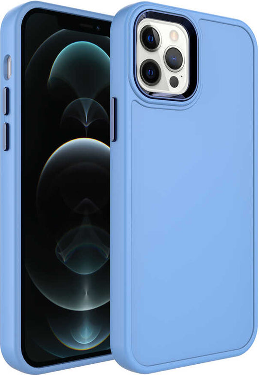 Apple iPhone 12 Pro Max Kılıf Metal Çerçeve ve Buton Tasarımlı Sert Mnc Botox Kapak-Mavi