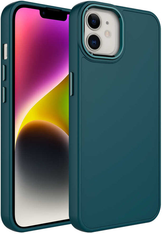 Apple iPhone 12 Kılıf Metal Çerçeve ve Buton Tasarımlı Silikon Mnc Luna Kapak-Koyu Yeşil