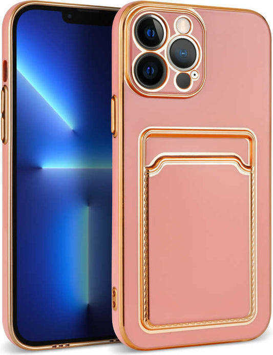 Apple iPhone 12 Pro Max Kılıf Mnc Bark Kartlıklı Kapak-Rose Gold