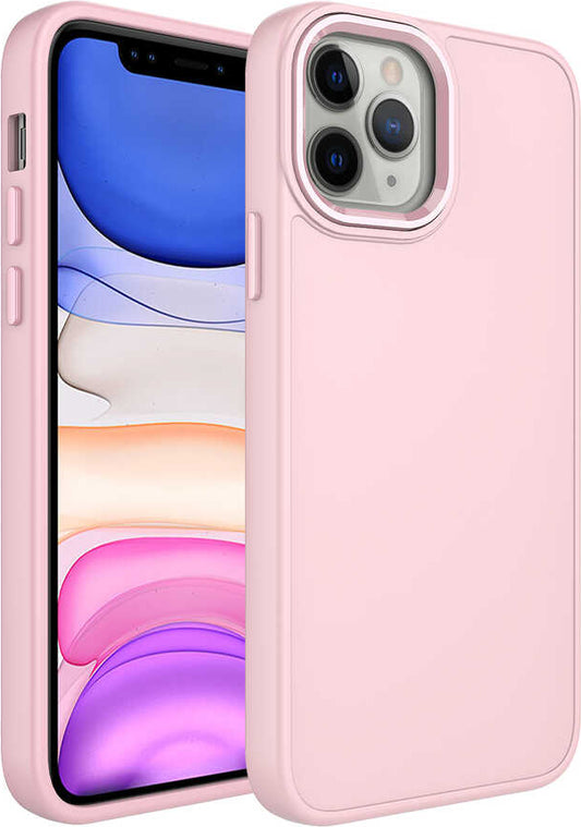 Apple iPhone 12 Pro Kılıf Metal Çerçeve ve Buton Tasarımlı Silikon Mnc Luna Kapak-Pembe
