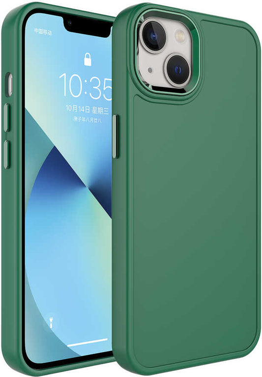 Apple iPhone 13 Kılıf Metal Çerçeve ve Buton Tasarımlı Sert Mnc Botox Kapak-Koyu Yeşil