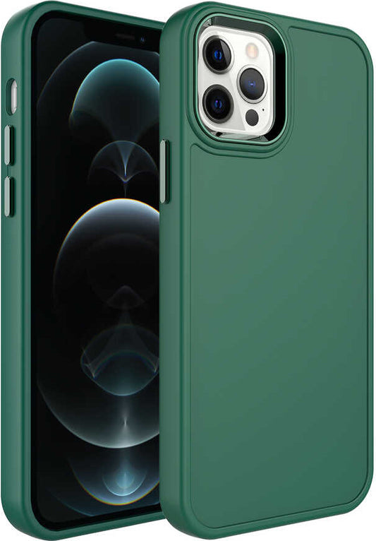 Apple iPhone 12 Pro Max Kılıf Metal Çerçeve ve Buton Tasarımlı Sert Mnc Botox Kapak-Koyu Yeşil