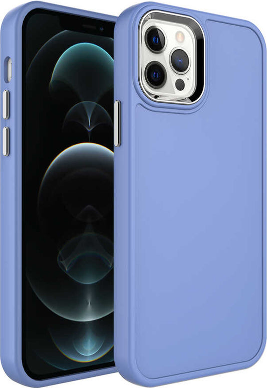 Apple iPhone 12 Pro Max Kılıf Metal Çerçeve ve Buton Tasarımlı Sert Mnc Botox Kapak-Lavendery Gray