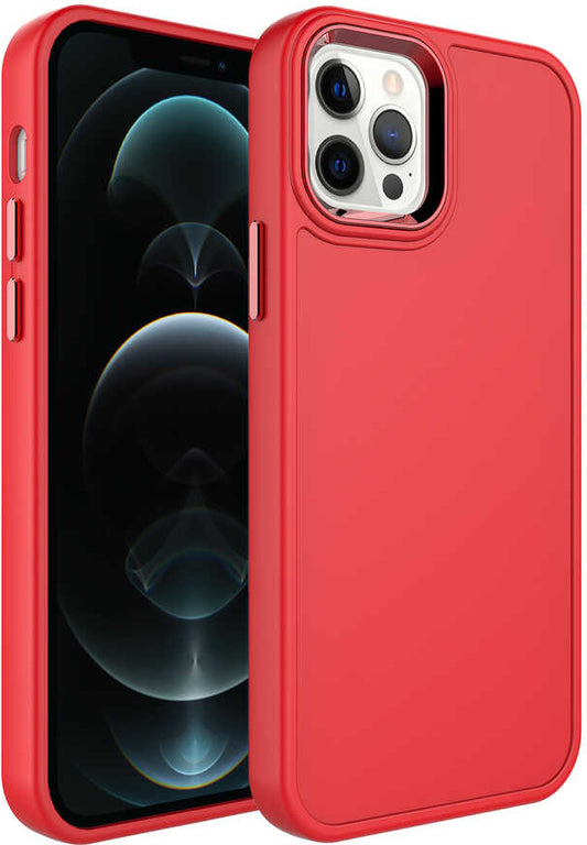 Apple iPhone 12 Pro Max Kılıf Metal Çerçeve ve Buton Tasarımlı Sert Mnc Botox Kapak-Kırmızı