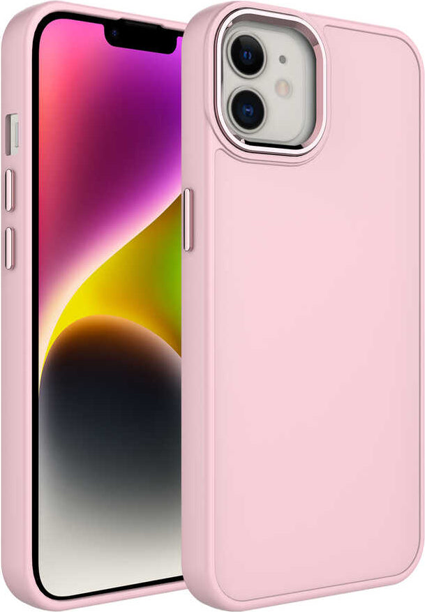 Apple iPhone 12 Kılıf Metal Çerçeve ve Buton Tasarımlı Silikon Mnc Luna Kapak-Pembe