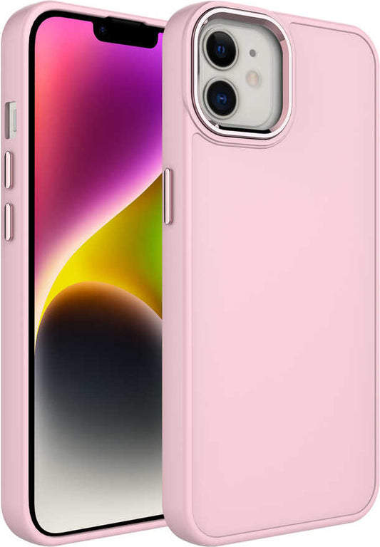Apple iPhone 12 Kılıf Metal Çerçeve ve Buton Tasarımlı Silikon Mnc Luna Kapak-Pembe