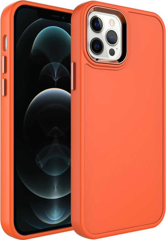 Apple iPhone 12 Pro Max Kılıf Metal Çerçeve ve Buton Tasarımlı Sert Mnc Botox Kapak-Turuncu