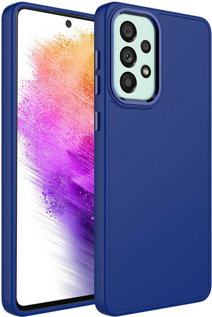 Galaxy A52 Kılıf Metal Çerçeve ve Buton Tasarımlı Silikon Mnc Luna Kapak-Lacivert