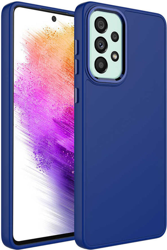 Galaxy A52 Kılıf Metal Çerçeve ve Buton Tasarımlı Silikon Mnc Luna Kapak-Lacivert
