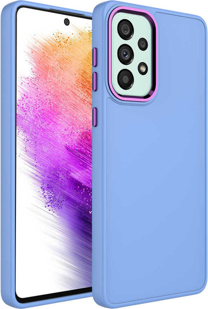 Galaxy A52 Kılıf Metal Çerçeve ve Buton Tasarımlı Silikon Mnc Luna Kapak-Lila