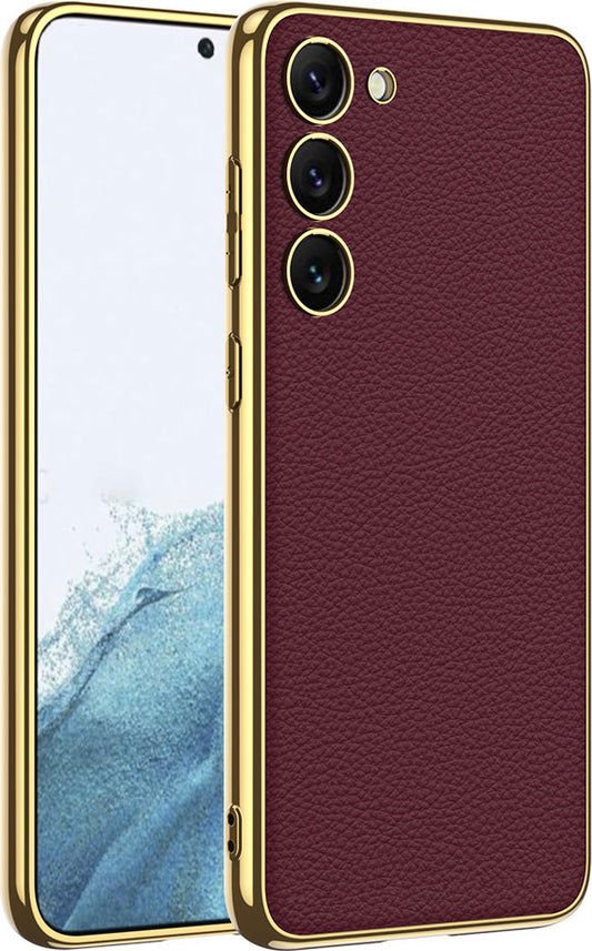 Galaxy S23 Plus Kılıf Deri Görünümlü Kenarları Elektroplating Kaplama Mnc Fizyon Kapak-Kırmızı