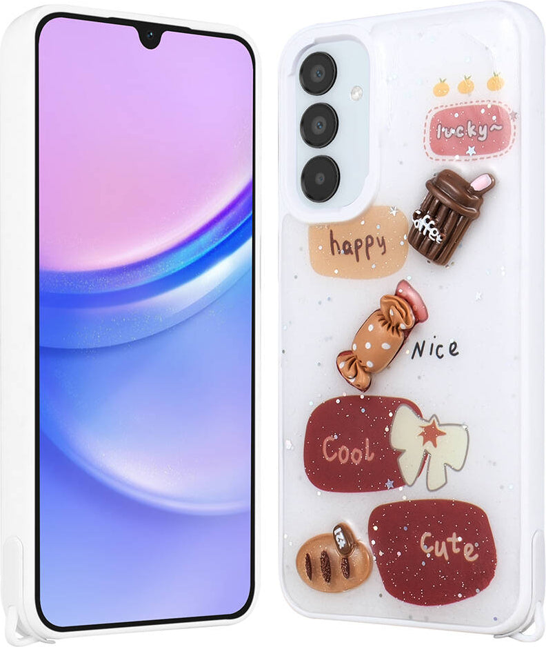 Galaxy A14 Kılıf Parlayan Sıvılı Simli Kabartma Figürlü Mnc Cevze Kapak-Beyaz