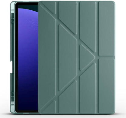 Galaxy Tab S9 Fe Plus Kılıf  Uyumlu Mnc Tri Folding Kalem Bölmeli Standlı Kılıf-Koyu Yeşil