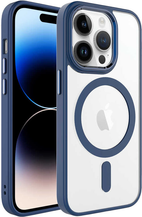 Apple iPhone 14 Pro Max Kılıf Wireless Şarj Özellikli Mnc Krom Magsafe Silikon Kapak-Lacivert