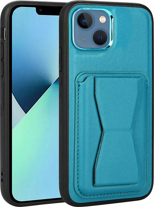 Apple iPhone 13 Kılıf Kartlıklı Standlı pu Deri Mnc Memo Kapak-Mavi