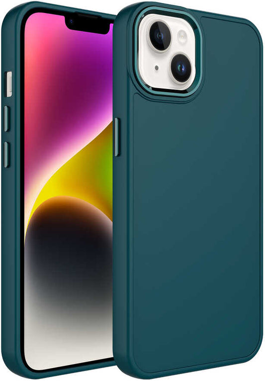 Apple iPhone 14 Plus Kılıf Metal Çerçeve ve Buton Tasarımlı Silikon Mnc Luna Kapak-Koyu Yeşil