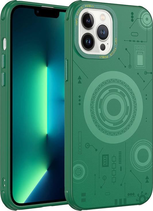 Apple iPhone 12 Pro Max Kılıf Mnc Wireless Şarj Özellikli Desenli Hot Kapak-Koyu Yeşil
