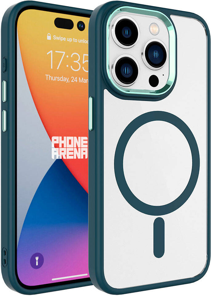 Apple iPhone 15 Pro Max Kılıf Wireless Şarj Özellikli Mnc Krom Magsafe Silikon Kapak-Koyu Yeşil