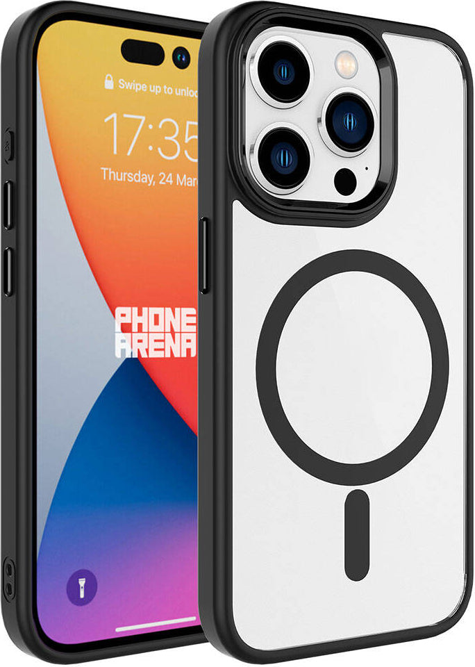 Apple iPhone 15 Pro Max Kılıf Wireless Şarj Özellikli Mnc Krom Magsafe Silikon Kapak-Siyah