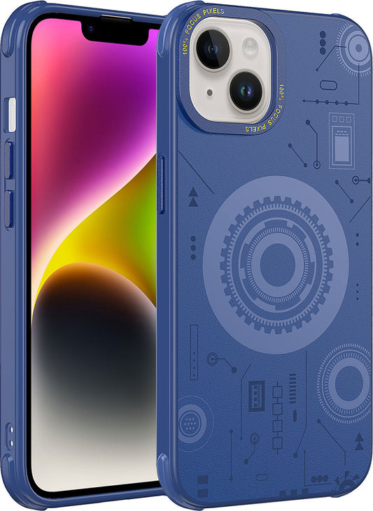 Apple iPhone 14 Plus Kılıf Mnc Wireless Şarj Özellikli Desenli Hot Kapak-Lacivert