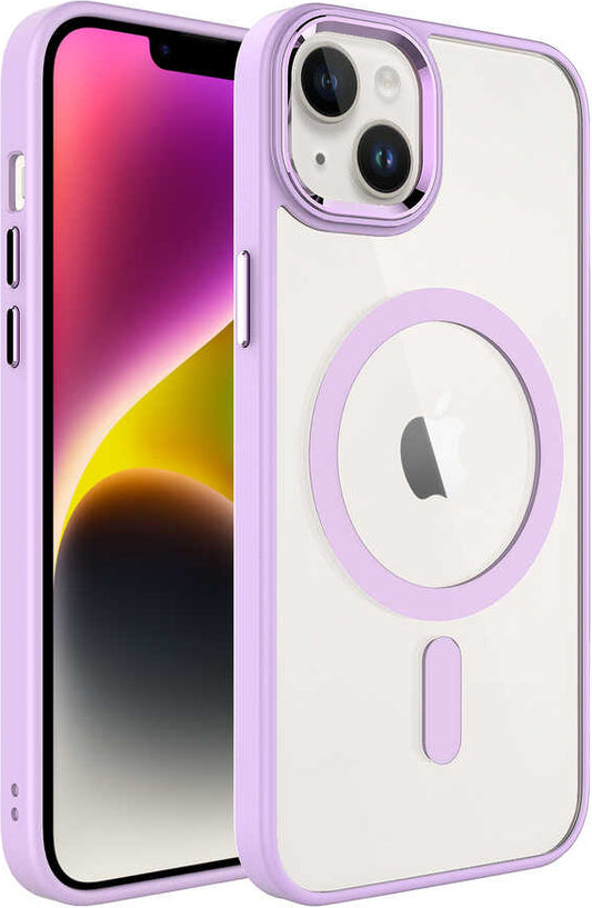 Apple iPhone 14 Kılıf Wireless Şarj Özellikli Mnc Krom Magsafe Silikon Kapak-Pembe Açık