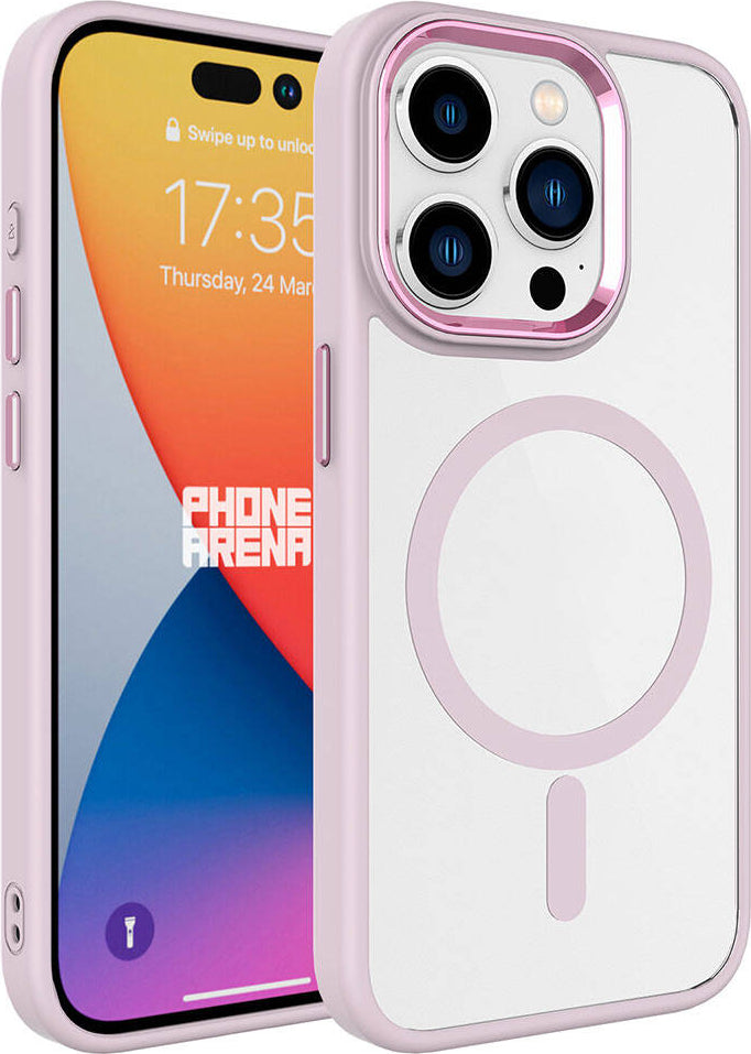 Apple iPhone 15 Pro Max Kılıf Wireless Şarj Özellikli Mnc Krom Magsafe Silikon Kapak-Pembe Açık