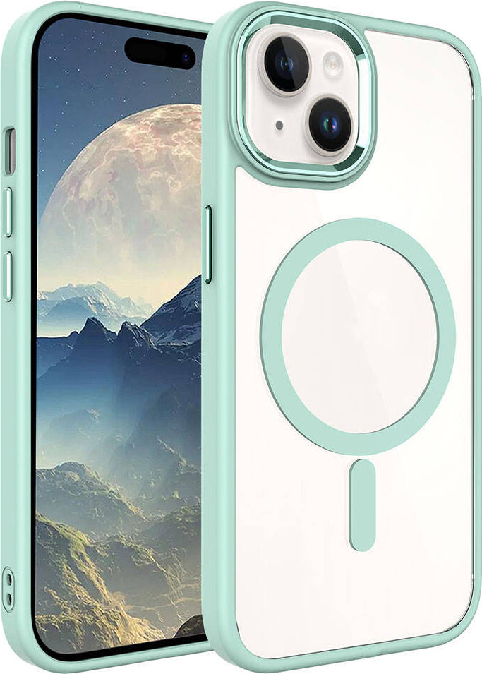 Apple iPhone 15 Plus Kılıf Wireless Şarj Özellikli Mnc Krom Magsafe Silikon Kapak-Yeşil