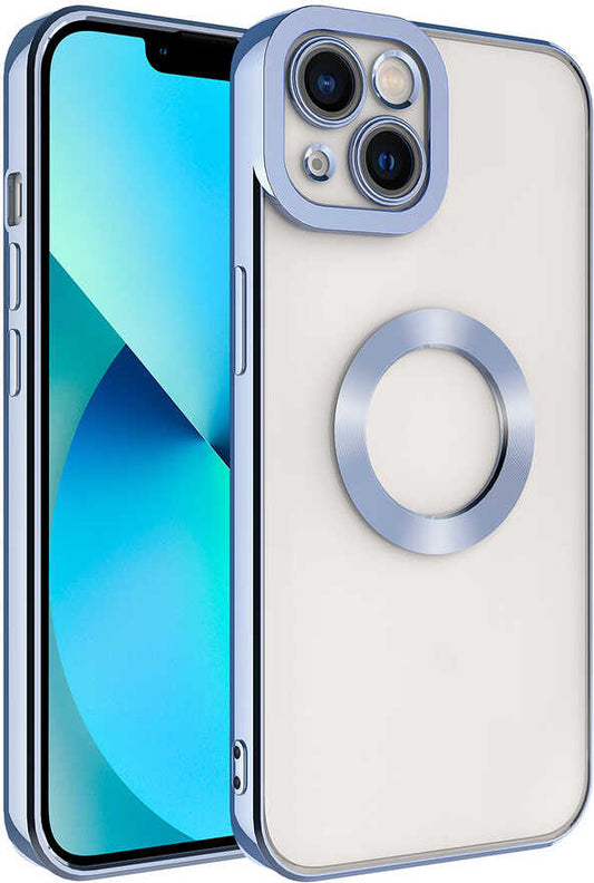 Apple iPhone 14 Plus Kılıf Kamera Korumalı Logo Gösteren Mnc Omega Kapak-Mavi Açık
