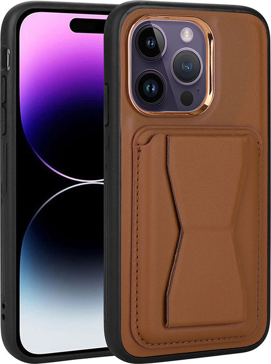Apple iPhone 14 Pro Max Kılıf Kartlıklı Standlı pu Deri Mnc Memo Kapak-Kahverengi