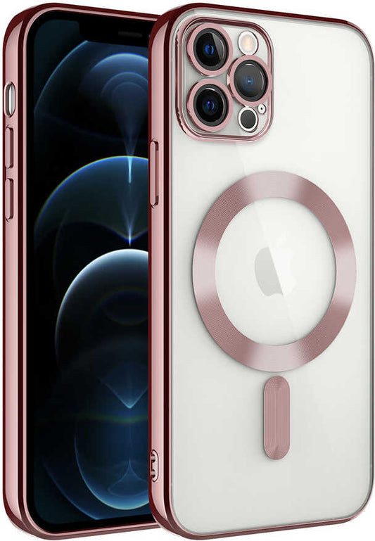 Apple iPhone 12 Pro Kılıf Kamera Korumalı Magsafe Wireless Şarj Özellikli Mnc Demre Kapak-Rose Gold