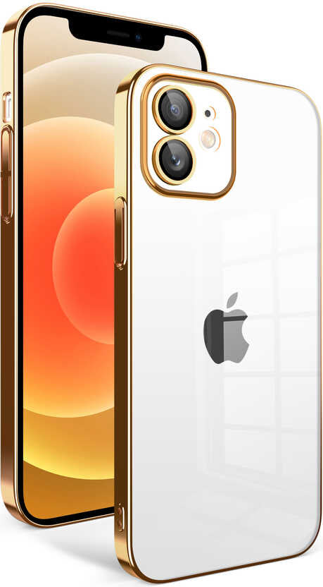 Apple iPhone 12 Kılıf Kamera Korumalı Renkli Çerçeveli Mnc Garaj Kapak-Gold