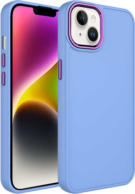 Apple iPhone 13 Kılıf Metal Çerçeve ve Buton Tasarımlı Silikon Mnc Luna Kapak-Lila