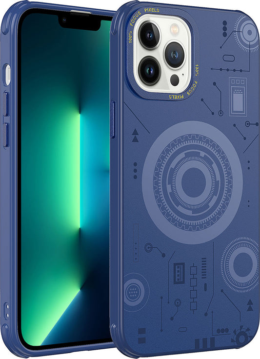 Apple iPhone 12 Pro Max Kılıf Mnc Wireless Şarj Özellikli Desenli Hot Kapak-Lacivert