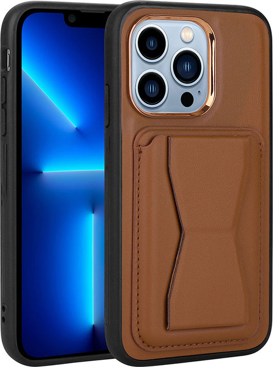 Apple iPhone 12 Pro Max Kılıf Kartlıklı Standlı pu Deri Mnc Memo Kapak-Kahverengi