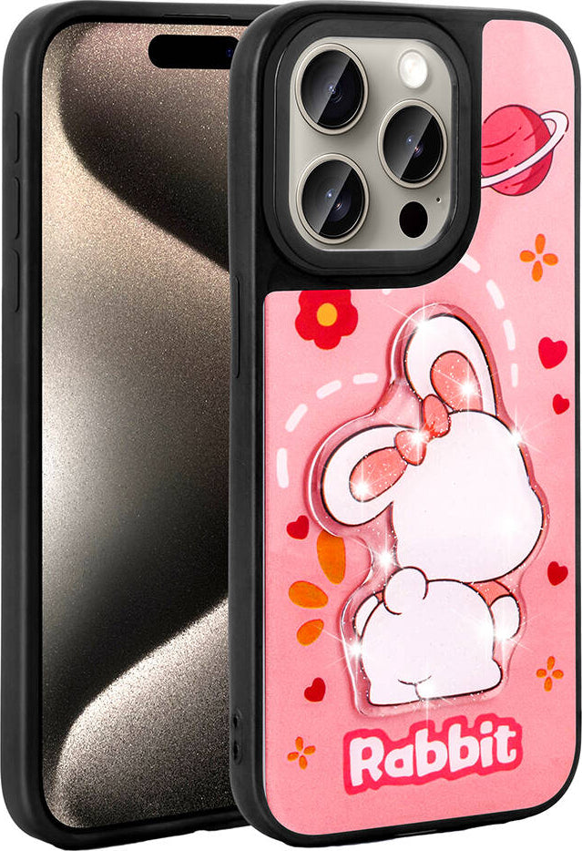 Apple iPhone 15 Pro Max Kılıf Parlayan Kabartmalı Ikonik Figürlü Mnc Amas Silikon Kapak-Pembe