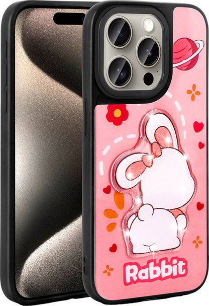 Apple iPhone 15 Pro Max Kılıf Parlayan Kabartmalı Ikonik Figürlü Mnc Amas Silikon Kapak-Pembe