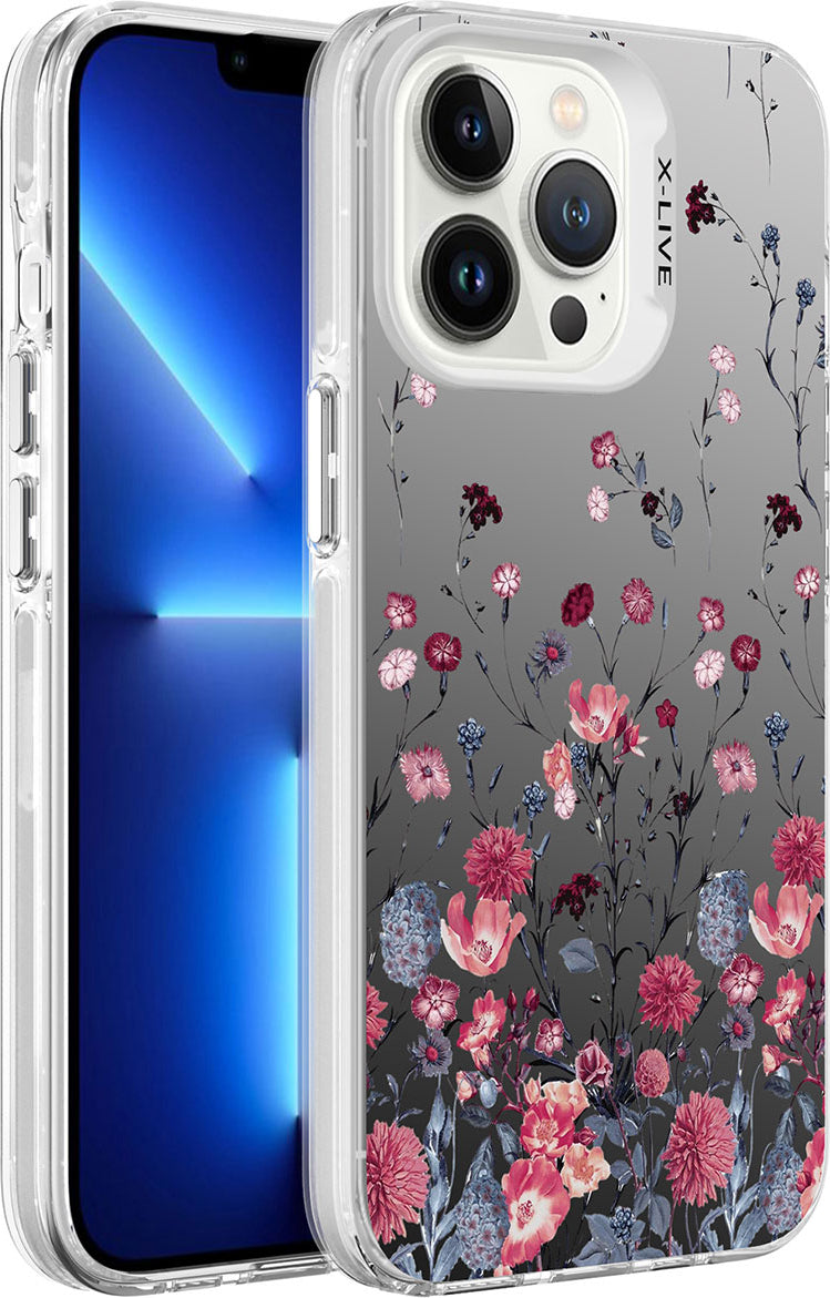 Apple iPhone 13 Pro Max Kılıf Desenli Mnc Silver Sert Kapak-Çiçek