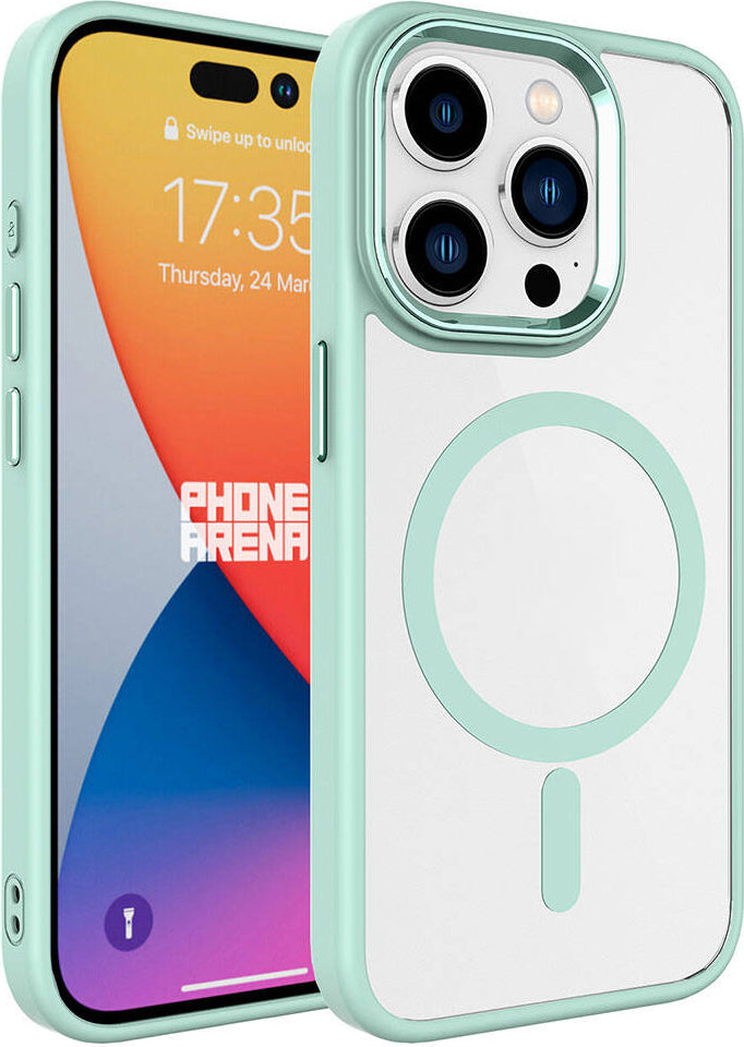 Apple iPhone 15 Pro Max Kılıf Wireless Şarj Özellikli Mnc Krom Magsafe Silikon Kapak-Yeşil
