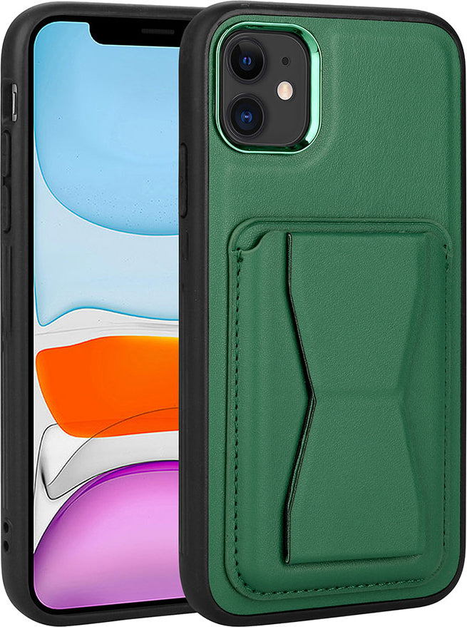 Apple iPhone 12 Kılıf Kartlıklı Standlı pu Deri Mnc Memo Kapak-Koyu Yeşil