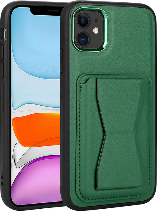 Apple iPhone 12 Kılıf Kartlıklı Standlı pu Deri Mnc Memo Kapak-Koyu Yeşil