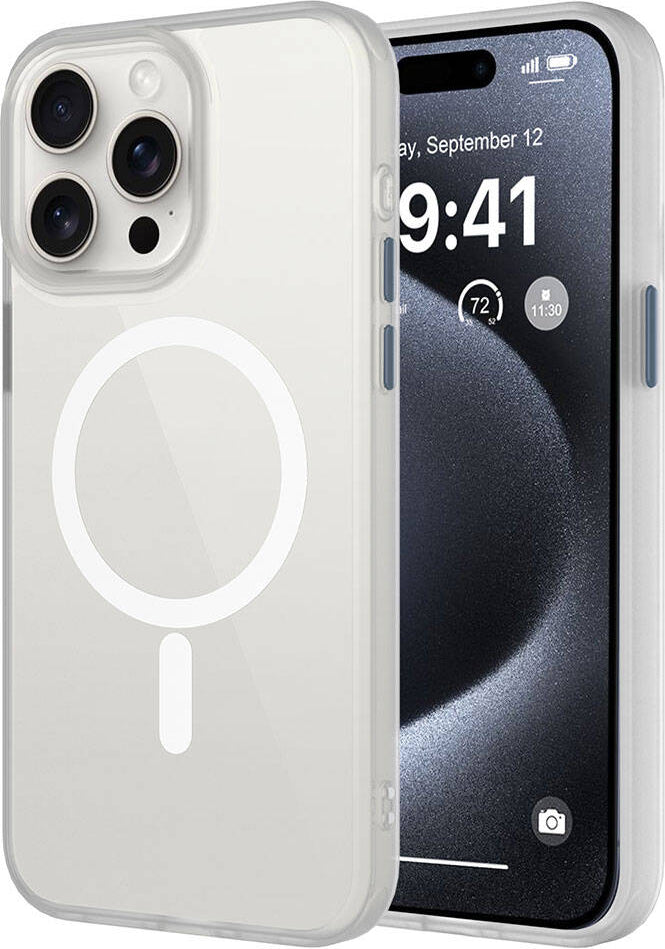 Apple iPhone 15 Pro Max Kılıf Mat Arka Yüzey Wireless Şarj Özellikli Mnc Flet Magsafe Kapak-Beyaz