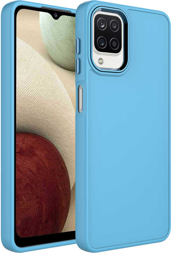 Galaxy A12 Kılıf Metal Çerçeve ve Buton Tasarımlı Silikon Mnc Luna Kapak-Sierra Mavi
