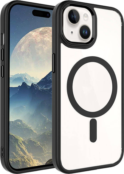 Apple iPhone 15 Kılıf Wireless Şarj Özellikli Mnc Krom Magsafe Silikon Kapak-Siyah