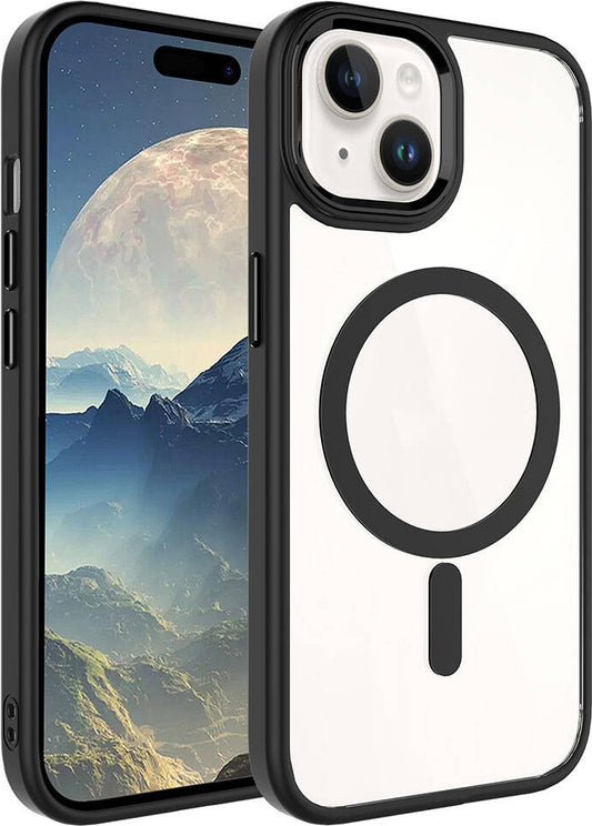 Apple iPhone 15 Kılıf Wireless Şarj Özellikli Mnc Krom Magsafe Silikon Kapak-Siyah
