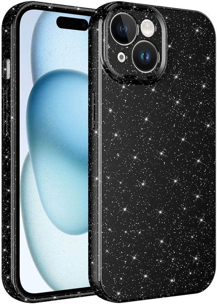 Apple iPhone 15 Kılıf Kamera Korumalı Simli Lüks Mnc Koton Kapak-Siyah