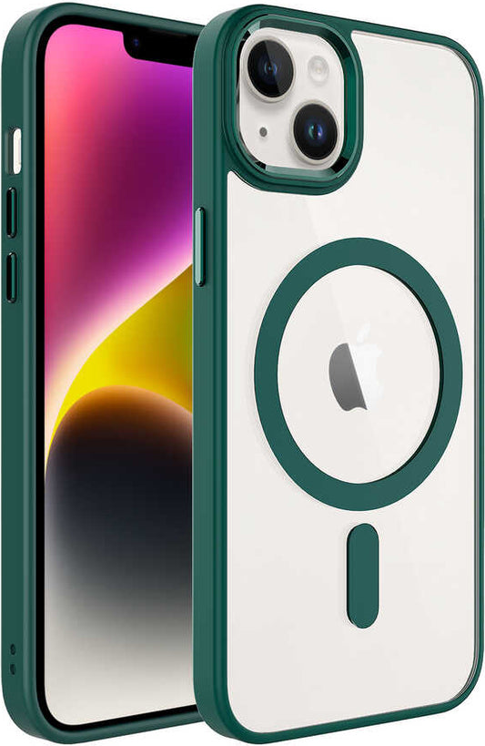 Apple iPhone 14 Kılıf Wireless Şarj Özellikli Mnc Krom Magsafe Silikon Kapak-Koyu Yeşil