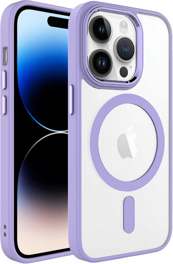 Apple iPhone 14 Pro Max Kılıf Wireless Şarj Özellikli Mnc Krom Magsafe Silikon Kapak-Lila
