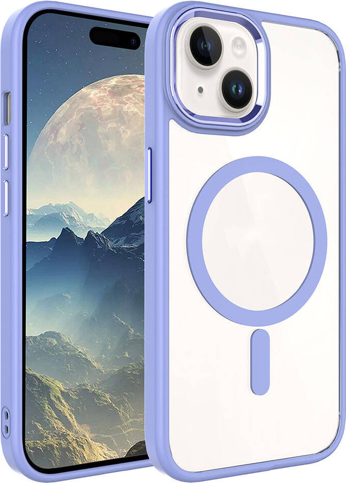 Apple iPhone 15 Plus Kılıf Wireless Şarj Özellikli Mnc Krom Magsafe Silikon Kapak-Lila