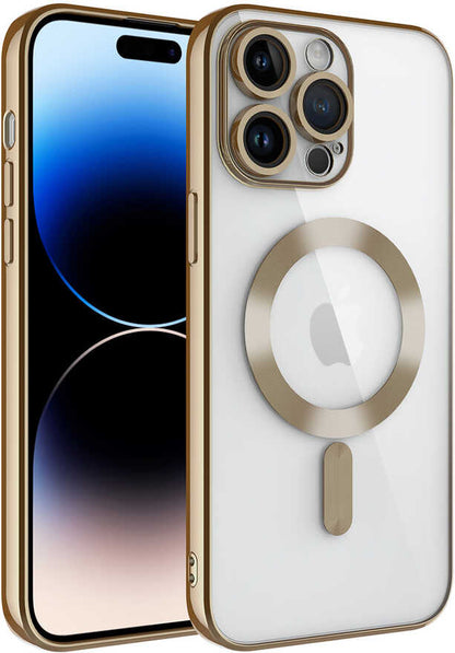 Apple iPhone 14 Pro Max Kılıf Kamera Korumalı Magsafe Wireless Şarj Özellikli Mnc Demre Kapak-Gold
