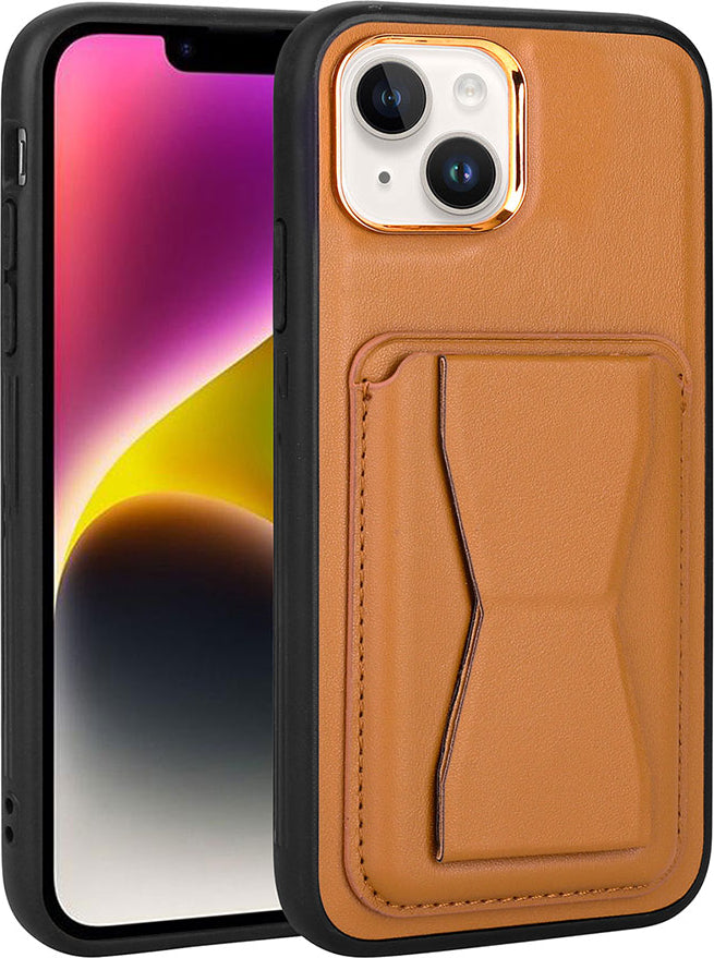 Apple iPhone 14 Plus Kılıf Kartlıklı Standlı pu Deri Mnc Memo Kapak-Kahve Açık